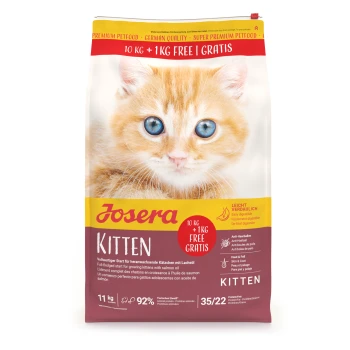 Josera Kitten Katzenfutterbeutel mit Nahaufnahme eines orangefarbenen Kätzchens, 10 kg + 1 kg gratis, Lachsöl-Formel.
