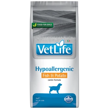 Pokarm dla psów VetLife Hypoalergiczny Rybny i Ziemniaczany, worek 2 kg, z niebieskim logo i zieloną etykietą z napisem 'Jedzenie dla psów.'
