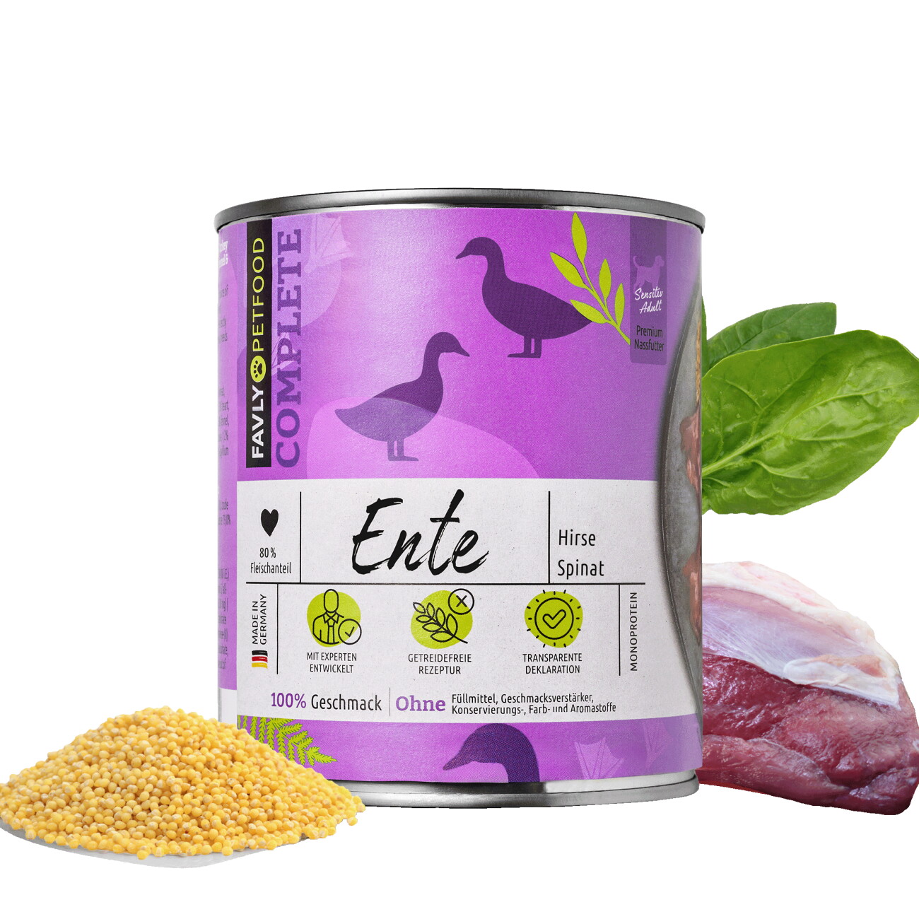 FAVLY Petfood Nassfutter Ente mit Hirse & Spinat 12x800 g