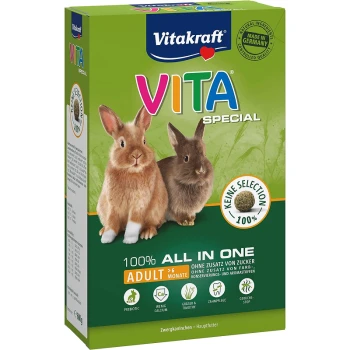 Emballage de nourriture pour lapins Vitakraft VITA Special présentant deux lapins, avec un texte mettant en avant "100% ALL IN ONE" et "ADULT >6 Monate".