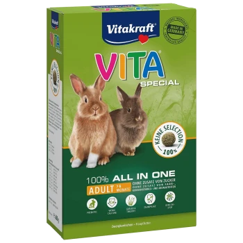 Emballage de nourriture pour lapins Vitakraft VITA Special présentant deux lapins, avec un texte mettant en avant "100% ALL IN ONE" et "ADULT >6 Monate".