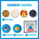Infographie «COMMENT GARNIR» montrant des bols de croquettes, yaourt et fruits et les étapes «1 MÉLANGER 2 REMPLIR 3 BOUCHER 4 CONGELER» avec un KONG bleu dans un congélateur