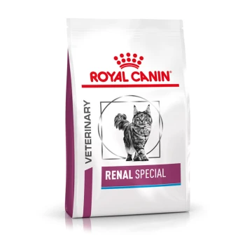 Tüte von Royal Canin Veterinary Renal Special Katzenfutter mit einer Illustration einer grauen getigerten Katze, mit rotem und lila Branding.