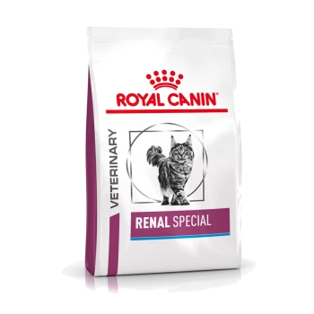 Tüte von Royal Canin Veterinary Renal Special Katzenfutter mit einer Illustration einer grauen getigerten Katze, mit rotem und lila Branding.
