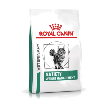 Royal Canin Veterinärdiätbeutel für Katzen, beschriftet mit "Sättigung Gewichtsmanagement", mit einem schwarz-weißen Bild einer Katze.