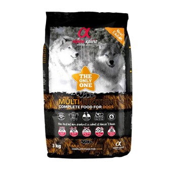 Alpha Spirit 3-kg-Hundefutterbeutel mit Wolfbild, Beschriftung 'THE ONLY ONE' und 'Multi-Protein Komplettfutter für Hunde'