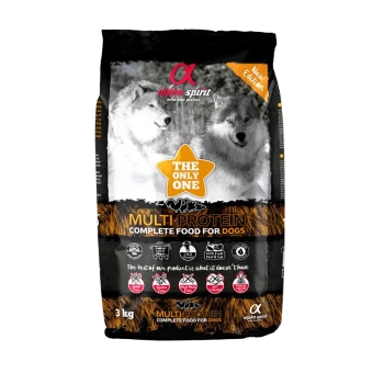 Alpha Spirit 3-kg-Hundefutterbeutel mit Wolfbild, Beschriftung 'THE ONLY ONE' und 'Multi-Protein Komplettfutter für Hunde'