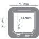 Ilustracja drzwi dla zwierząt z wymiarami oznaczonymi: szerokość 210 mm, wysokość 210 mm, szerokość otwarcia 142 mm i wysokość otwarcia 120 mm.