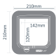 Illustration einer Haustierklappe mit beschrifteten Abmessungen: 210mm Breite, 210mm Höhe, 142mm Öffnungsbreite und 120mm Öffnungshöhe.