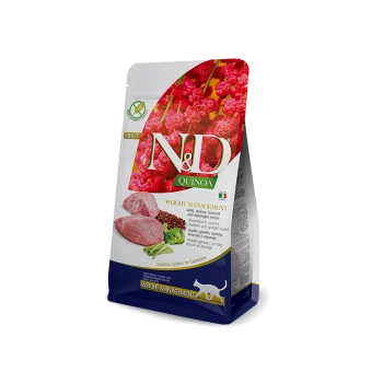 Un sac de nourriture pour chats adultes N&D Quinoa avec une formule de gestion du poids contenant de l'agneau, du quinoa, du brocoli et des asperges ; détails nutritionnels visibles.