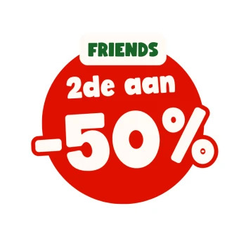 Rode ronde kortingsbadge met 'FRIENDS'-tab en witte tekst '2de aan -50%'.