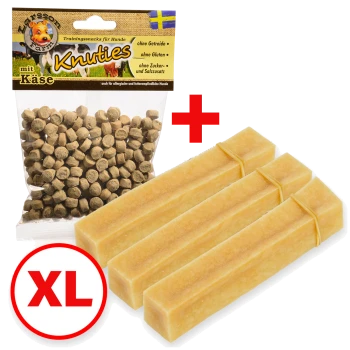 Hundetrainingssnacks mit Käse, bestehend aus einer Tüte kleiner brauner Leckerlis und drei großen gelben Kaustücken mit der Aufschrift "XL".