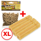 Hundetrainingssnacks mit Käse, bestehend aus einer Tüte kleiner brauner Leckerlis und drei großen gelben Kaustücken mit der Aufschrift "XL".