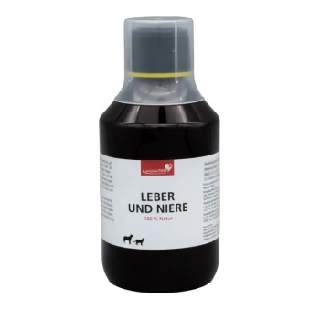 Dunkle Flasche des Herzenskraft Leber und Niere Haustierergänzungsmittels, 100 % natürlich, mit Hunde- und Katzen-Symbolen auf dem Etikett.