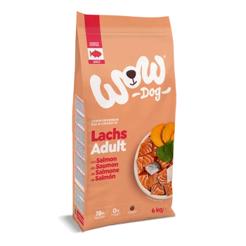 Pfirsichfarbener Wow Dog Lachs Adult Lachs-Hundefutterbeutel mit Schüssel voller Lachs, ‚mit Lachs‘-Text in mehreren Sprachen, 6 kg