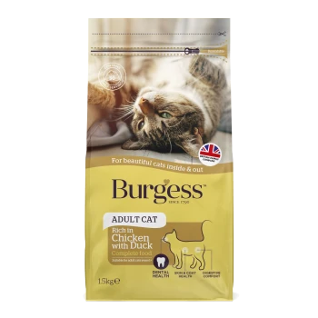 Burgess Adult Katzenfutter 'Rich in Chicken with Duck' 1,5 kg, gelbe Verpackung mit Katzenfoto und britischer Flagge.