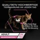 Eine getigerte Katze auf schwarzem Hintergrund mit rosa Pfeilen. Text: "QUALITATIV HOCHWERTIGE TIERNAHRUNG AN JEDEN TAG" und "ADULT, DELIKATE VERDAUUNG."