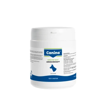 Weißer Behälter von Canina Kräuter-DOC Abwehrkraft für Hunde, mit einem blauen Etikett mit einem Hundesilhouette und Nährwertangaben.