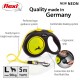 Neon yellow and black Flexi retractable dog leash with ergonomic grip, sturdy tape, and multi box slot. Max 50kg, 5m tape.