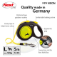 Neon yellow and black Flexi retractable dog leash with ergonomic grip, sturdy tape, and multi box slot. Max 50kg, 5m tape.