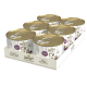 Sechs Dosen von Betty's Landhausküche Haustierfutter, die in einem Kartontray präsentiert werden, mit Etiketten, die "Mono-Protein" und "Extra viel Fleisch" zeigen.