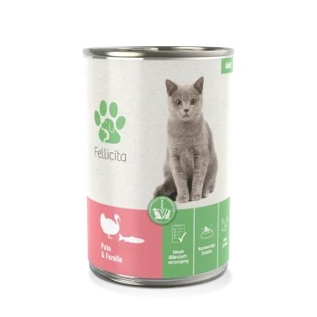 Katzenfutterdose mit einer grauen Katze auf dem Etikett, mit der Marke "Fellicita" und der Aufschrift "Pute & Forelle" mit Symbolen für Ernährung und Qualität.
