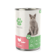 Katzenfutterdose mit einer grauen Katze auf dem Etikett, mit der Marke "Fellicita" und der Aufschrift "Pute & Forelle" mit Symbolen für Ernährung und Qualität.