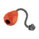 Ein farbenfrohes orange-gelbes Gummihundespielzeug in Diamantform mit einem grauen Seil, beschriftet mit dem Text "RUFFWEAR."