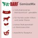 Fitt-BARF GemüseMix Verpackung zeigt eine Hundeschüssel, Silhouetten und Pflanzenikonen; hebt getreidefreie, natürliche Zutaten für alle Hunde hervor.