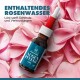 Flasche mit Augenpflege-Lösung mit Rosenwasser, beschriftet mit "EUPHRASIA AUGEN PFLEGE 20ML", umgeben von rosa Rosenblättern.