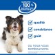 Chien souriant noir, blanc et marron avec texte « 100 % satisfait ou remboursé », qualité, cohérence, goût vérifiés.