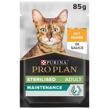 Purina Pro Plan Katzenfutterbeutel mit einem Nahaufnahme eines Bengal-Katzes, beschriftet mit "Sterilised Adult Maintenance" und "Mit Huhn in Sauce."
