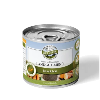 Eine Dose Bellfor Haustierfutter, gekennzeichnet mit 'Landgut-Menü Insekten', mit einem Hundelogo und Bildern von Gemüse und Insekten auf dem Etikett.