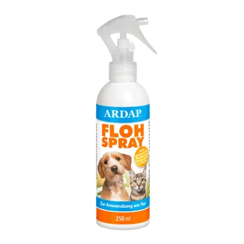 Flasche ARDAP Flohspray für Haustiere, mit einem Hund und einer Katze auf dem Etikett, mit einem Fassungsvermögen von 250 ml und Anwendungshinweisen in Deutsch.