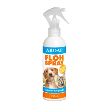 Flasche ARDAP Flohspray für Haustiere, mit einem Hund und einer Katze auf dem Etikett, mit einem Fassungsvermögen von 250 ml und Anwendungshinweisen in Deutsch.