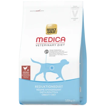 Sac Select Gold Medica Veterinary Diet avec silhouette de chien bleue, étiqueté Reduktionsdiät / Obesity Diet, 10 kg.