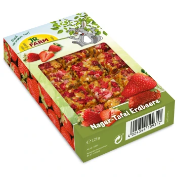 Verpackung von JR FARM Nager-Tafel Erdbeere, einem Haustier-Leckerli mit bunten Erdbeerstücken, mit einem Cartoon-Hasen und Erdbeeren auf der Box.
