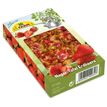 Opakowanie JR FARM Nager-Tafel Erdbeere, przysmak dla zwierząt z kolorowymi kawałkami truskawek, z rysunkiem królika i truskawek na pudełku.