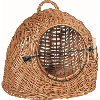 Weiden-Transportkorb 50cm Geflochtener Korb für Haustiere mit einer runden Metalltür, entworfen für kleine Tiere, mit einem Griff oben für einfachen Transport.