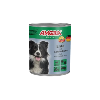 Dose AMORA Sensitive Hundefutter — Ente mit Apfel & Birne, mit Bild eines Border Collies und Symbolen.