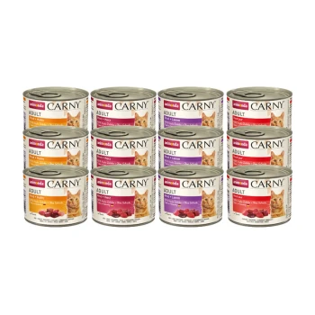 Carny Nassfutter Katze Adult, Mixpaket Fleischauswahl 12x200 g Mixpaket 1 Eine Anzeige von 12 Dosen animonda CARNY Erwachsenen-Katzenfutter, mit verschiedenen Geschmacksrichtungen: Huhn, Rind, Lamm und Ente, mit Bildern einer Katze auf jeder Dose.
