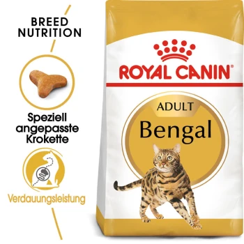 Royal Canin Adult Bengal Katzenfutterbeutel mit einer Bengal-Katzenillustration, mit Text, der die Ernährungsbedürfnisse der Rasse und die Verdauungsleistung hervorhebt.