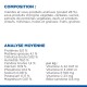 Composition et analyse nutritionnelle de la nourriture pour animaux de compagnie, détaillant des ingrédients comme le poulet (28 %), des protéines, des graisses, des vitamines et des minéraux.