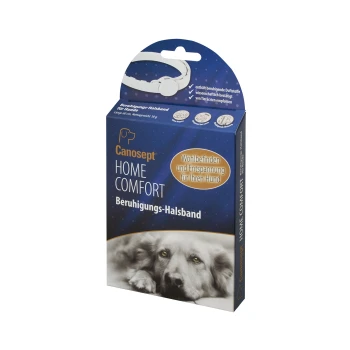 Beruhigungshalsband Canosept Home Comfort Beruhigungshalsband für Hunde, mit blauer und weißer Verpackung, die auf Deutsch Entspannung für Haustiere bewirbt.