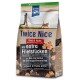 Hundfutterverpackung mit der Aufschrift "Twice Nice", die Rind und Huhn enthält, mit zusätzlichen Filetstücken, 1 kg Nettogewicht und Recycling-Symbol.