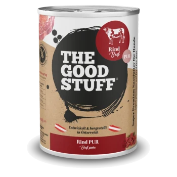 Dose 'THE GOOD STUFF' mit rotem 'Rind/Beef'-Abzeichen und dem Text 'Rind PUR / Beef pure', hergestellt in Österreich.