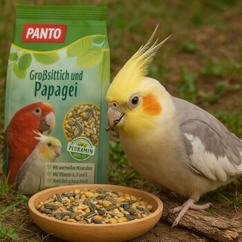 Ein Nymphensittich mit gelbem Kamm frisst Samen aus einer Schüssel neben einem grünen Sack mit der Aufschrift "PANTO Großsittich und Papagei" mit Vogelbildern.