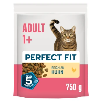 adult 1+ Produkt bogaty w kurczaka 750 g Opakowanie karmy Perfect Fit adult (1+) ze zdjęciem kota, krokietami, napisem „Bogata w kurczaka”, 750 g, odznaka 5-formułowa