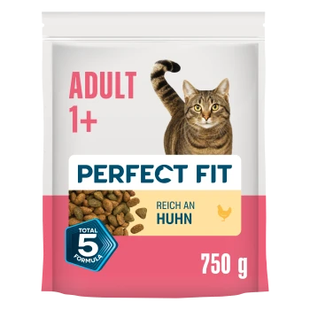 Perfect Fit Adult (1+) Katzenfuttertüte mit Katzenfoto, Kroketten, 'Reich an Huhn', 750 g, 5-Formel-Abzeichen.