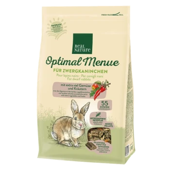 "Real Nature Optimal Menue" paquet pour lapins nains, présentant une illustration de lapin et mettant en avant 55 ingrédients, y compris des légumes et des herbes.